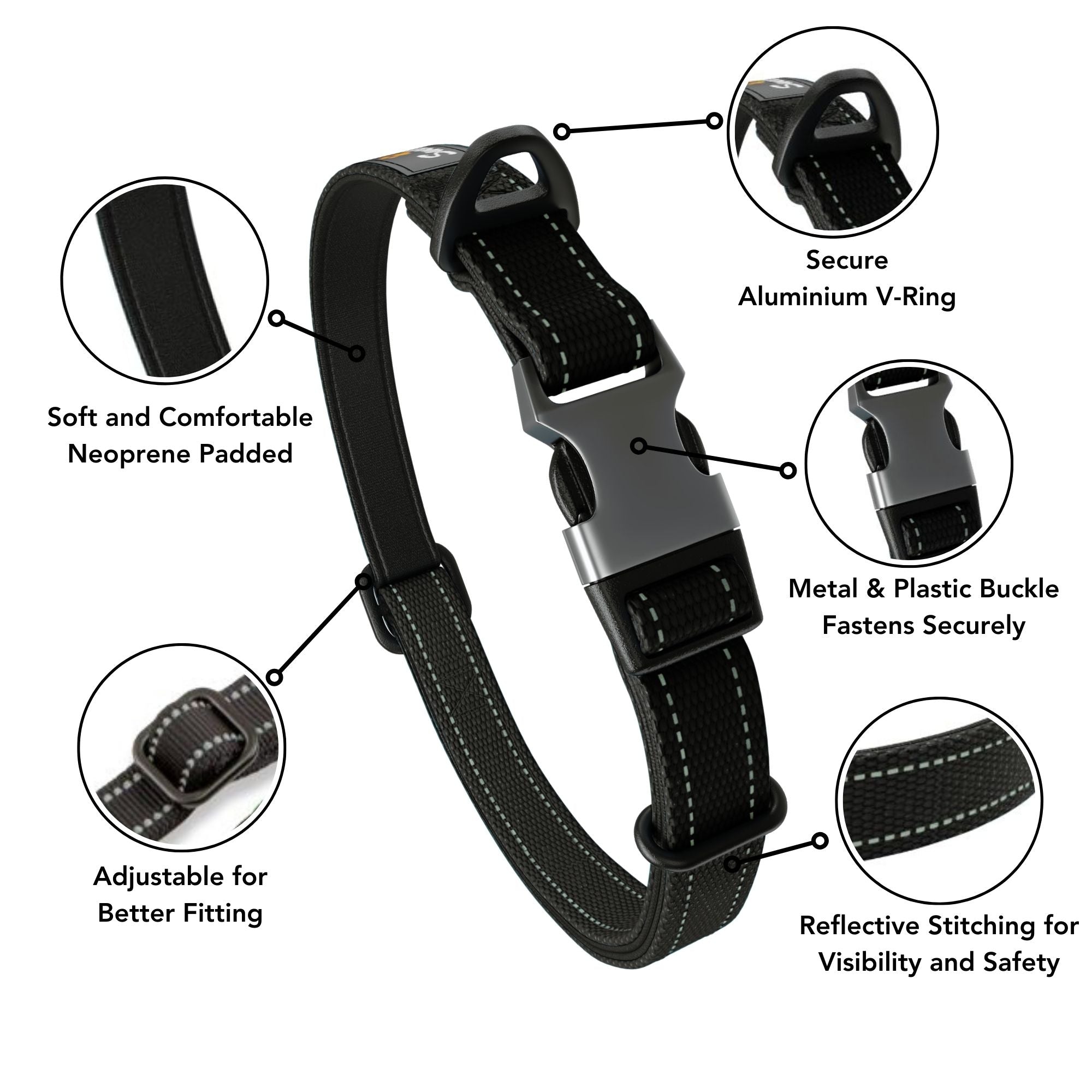 Neoprene Padded Dog Collar - Black - Sweetie