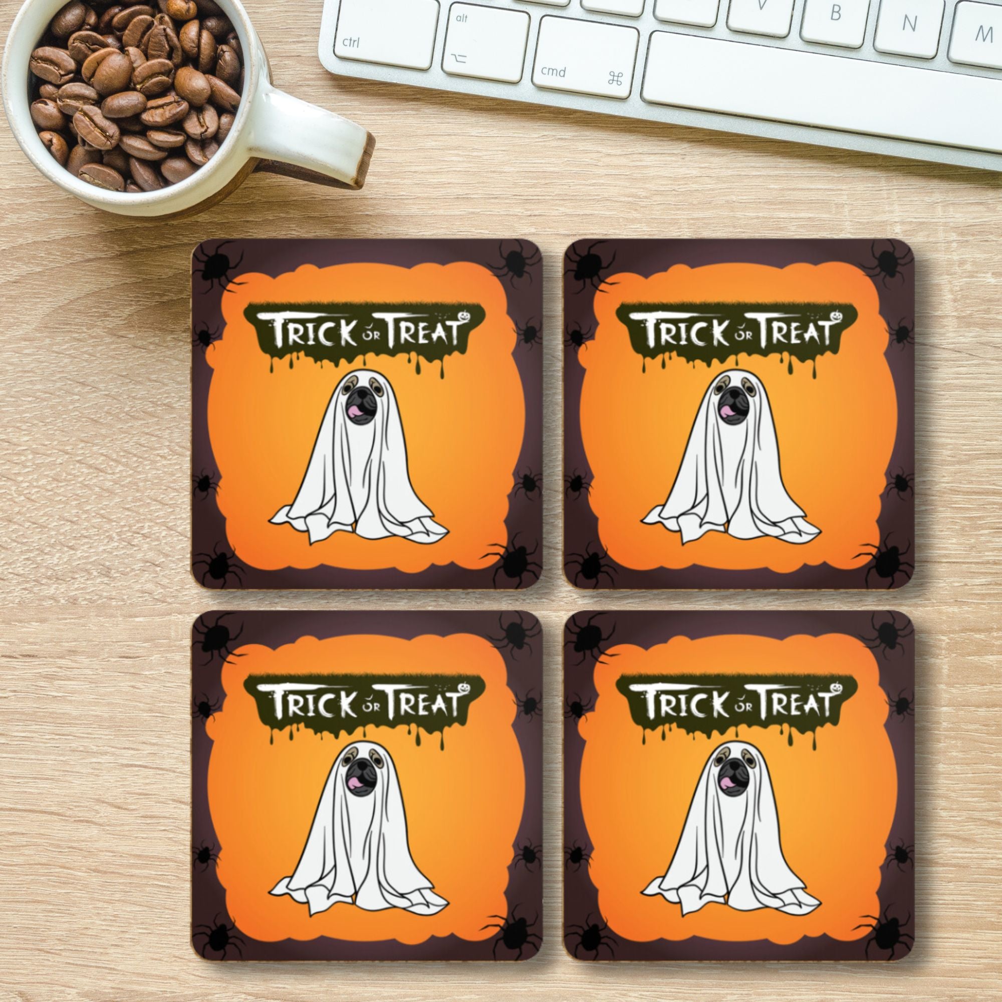 Ghostly Pup Trick or Treat Halloween Coasters, Set of 4 - Sweetie