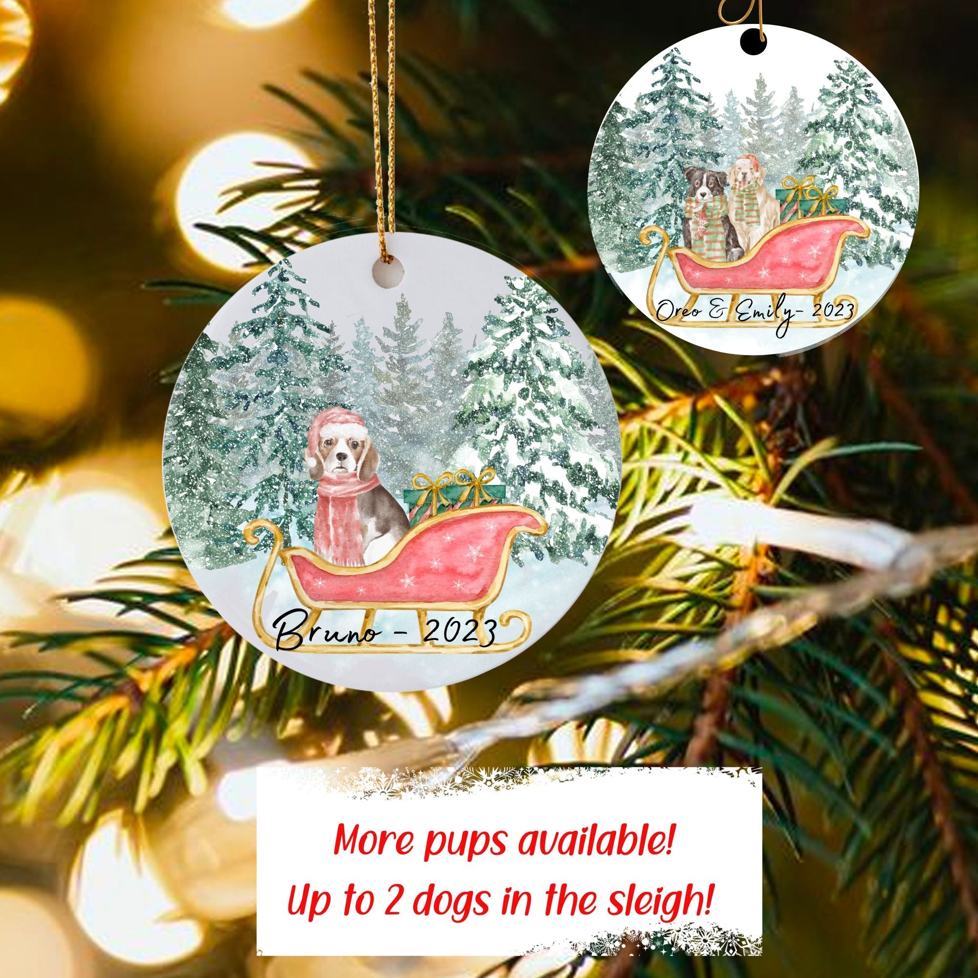 Personalised Christmas Ornament Dog in a sleigh (up to 2 dogs) - Sweetie