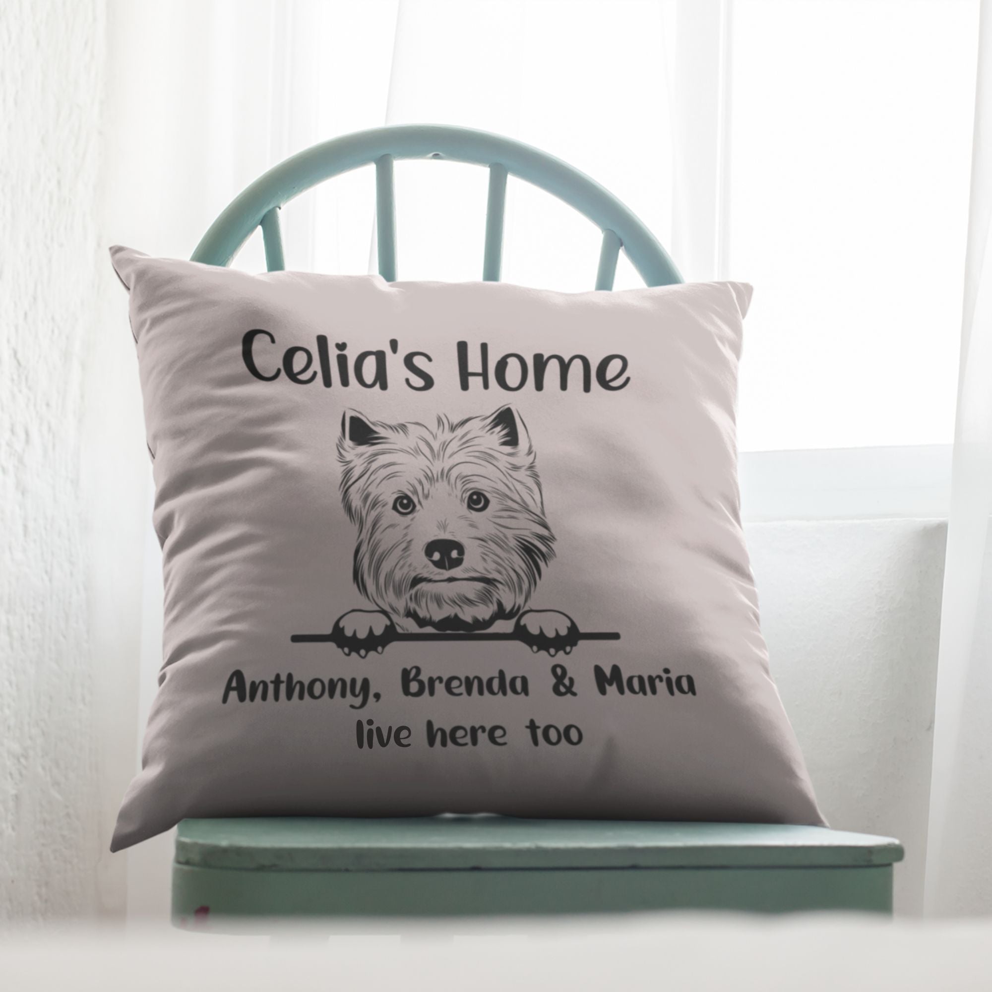 Personalised Cushion Dog's Home and Family Members Names - Sweetie